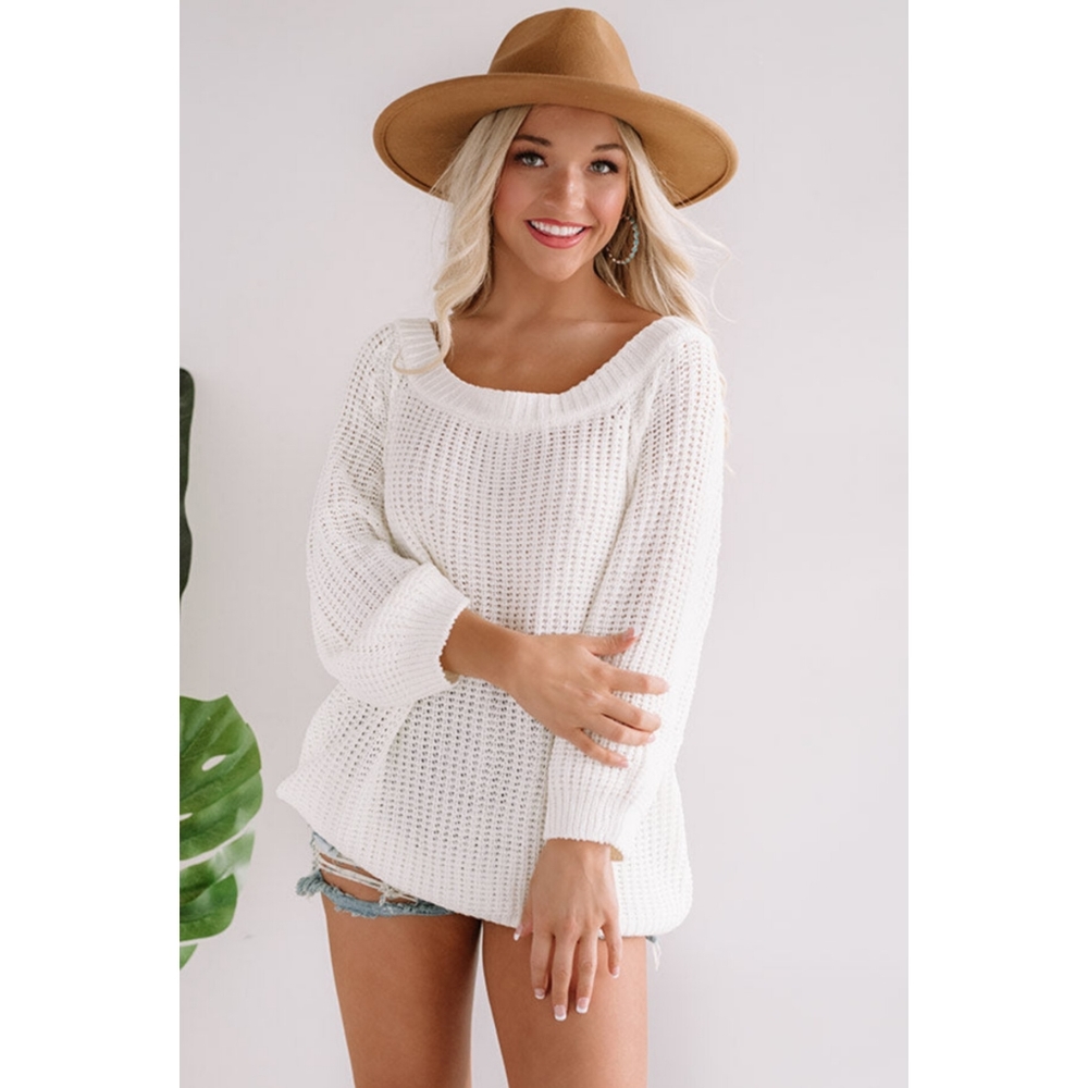 . Impressions Boutique Open Knit Crochet Off The Shoulder Long Sleeve Sweater - Picture 5 of 15